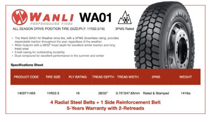 Wanli WA01 11R22.5 Specifications Sheet