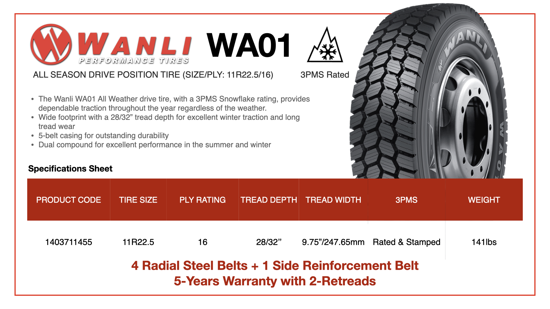 Wanli WA01 11R22.5 Specifications Sheet