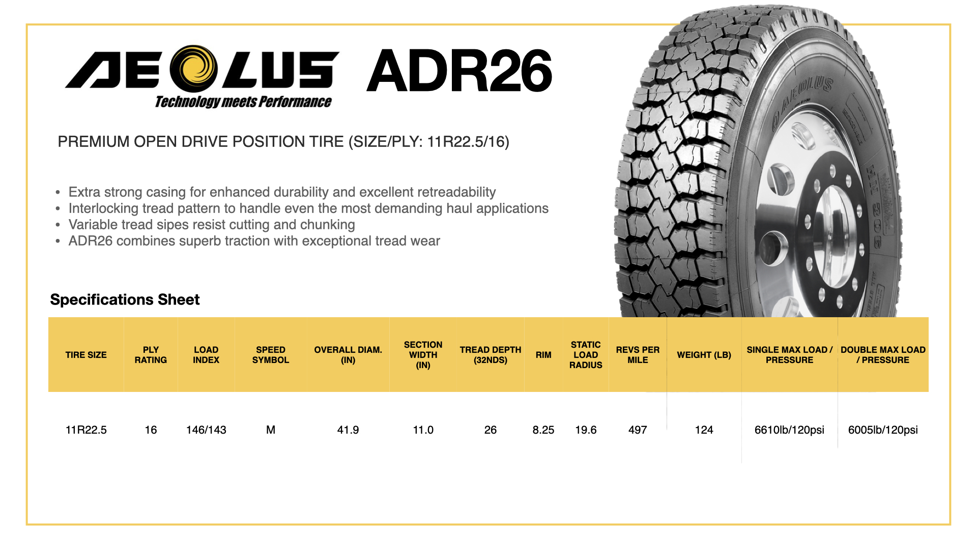 Aelous ADR26 11R22.5 Specifications Sheet
