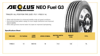 Aeolus NEO Fuel G3 11R22.5 Specifications Sheet