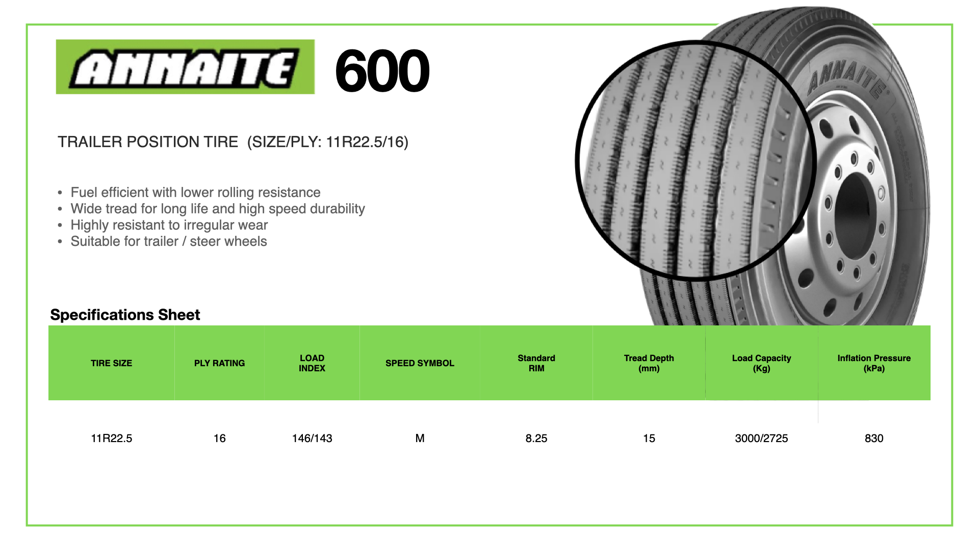 Annaite 600 11R22.5 16-Ply Trailer Position Tire
